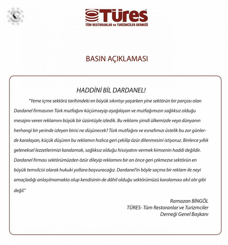 Türes: Dardanel Firmasından Özür Dilenmesini İstiyoruz.